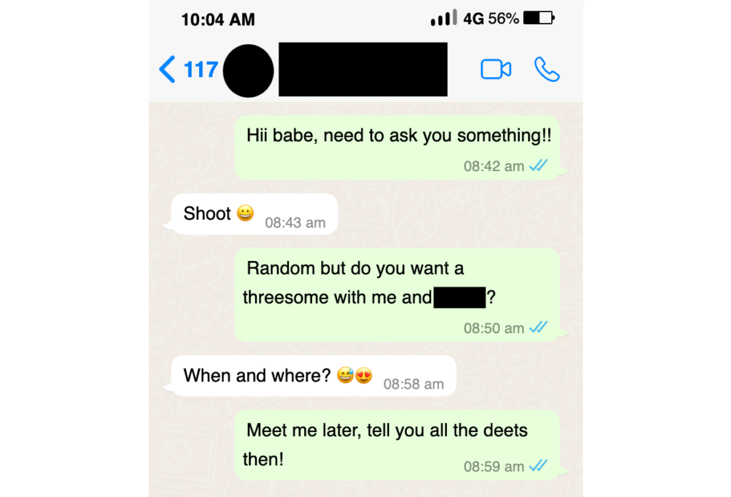 Whatsapp chat from me asking my friend about a threesome